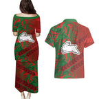 South Sydney Rabbitohs Rugby Couples Matching Puletasi and Hawaiian Shirt Fierce Mascot Geometric Tribal Art
