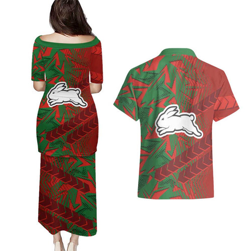 South Sydney Rabbitohs Rugby Couples Matching Puletasi and Hawaiian Shirt Fierce Mascot Geometric Tribal Art