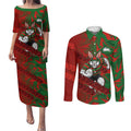 South Sydney Rabbitohs Rugby Couples Matching Puletasi and Long Sleeve Button Shirt Fierce Mascot Geometric Tribal Art