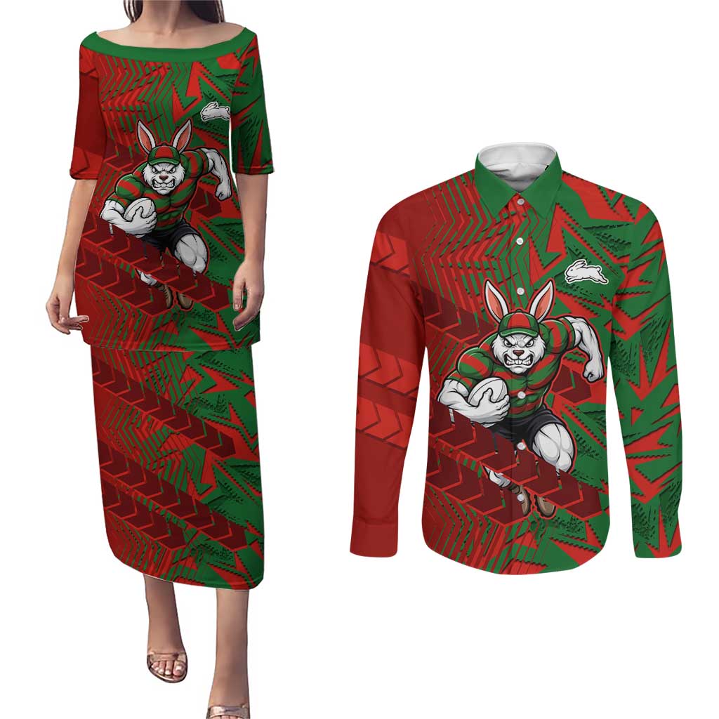 South Sydney Rabbitohs Rugby Couples Matching Puletasi and Long Sleeve Button Shirt Fierce Mascot Geometric Tribal Art