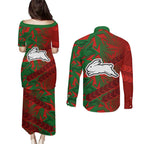 South Sydney Rabbitohs Rugby Couples Matching Puletasi and Long Sleeve Button Shirt Fierce Mascot Geometric Tribal Art