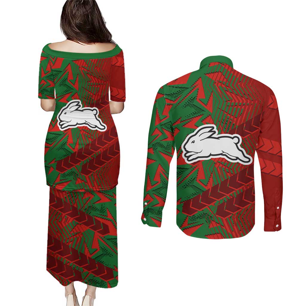 South Sydney Rabbitohs Rugby Couples Matching Puletasi and Long Sleeve Button Shirt Fierce Mascot Geometric Tribal Art