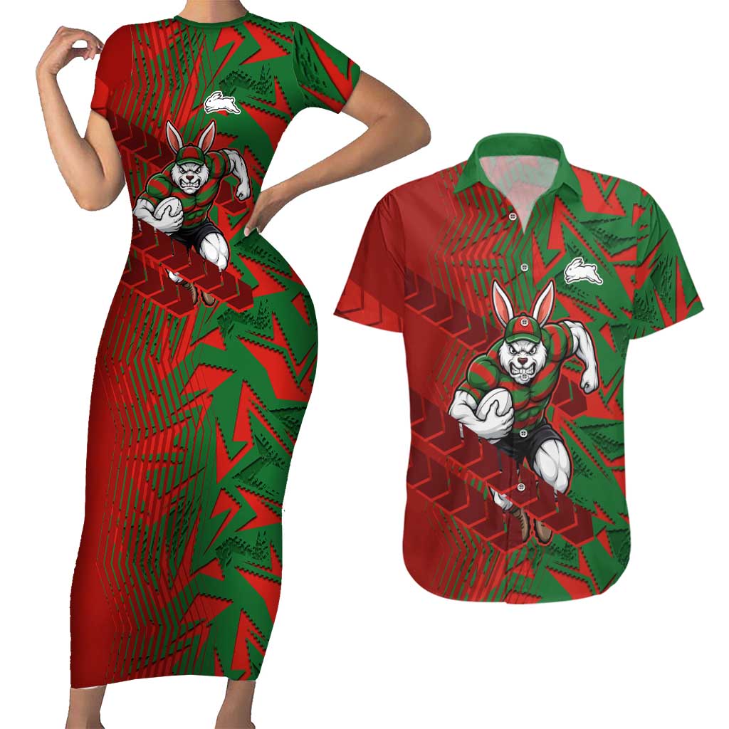 South Sydney Rabbitohs Rugby Couples Matching Short Sleeve Bodycon Dress and Hawaiian Shirt Fierce Mascot Geometric Tribal Art