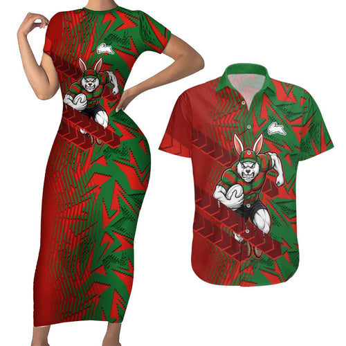 South Sydney Rabbitohs Rugby Couples Matching Short Sleeve Bodycon Dress and Hawaiian Shirt Fierce Mascot Geometric Tribal Art