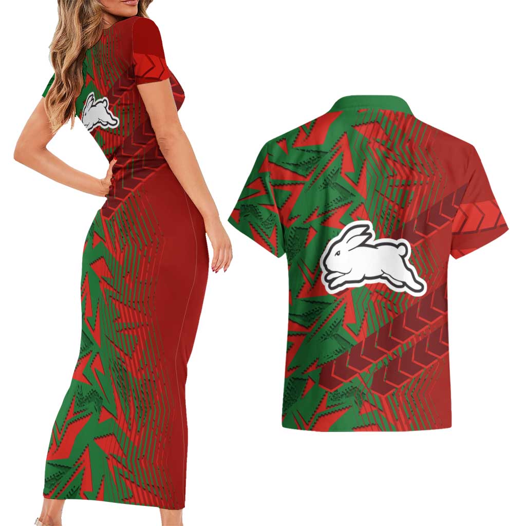 South Sydney Rabbitohs Rugby Couples Matching Short Sleeve Bodycon Dress and Hawaiian Shirt Fierce Mascot Geometric Tribal Art
