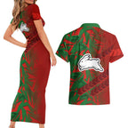 South Sydney Rabbitohs Rugby Couples Matching Short Sleeve Bodycon Dress and Hawaiian Shirt Fierce Mascot Geometric Tribal Art
