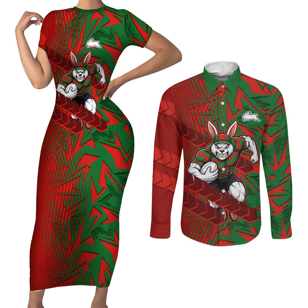 South Sydney Rabbitohs Rugby Couples Matching Short Sleeve Bodycon Dress and Long Sleeve Button Shirt Fierce Mascot Geometric Tribal Art