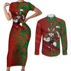 South Sydney Rabbitohs Rugby Couples Matching Short Sleeve Bodycon Dress and Long Sleeve Button Shirt Fierce Mascot Geometric Tribal Art