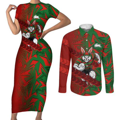 South Sydney Rabbitohs Rugby Couples Matching Short Sleeve Bodycon Dress and Long Sleeve Button Shirt Fierce Mascot Geometric Tribal Art