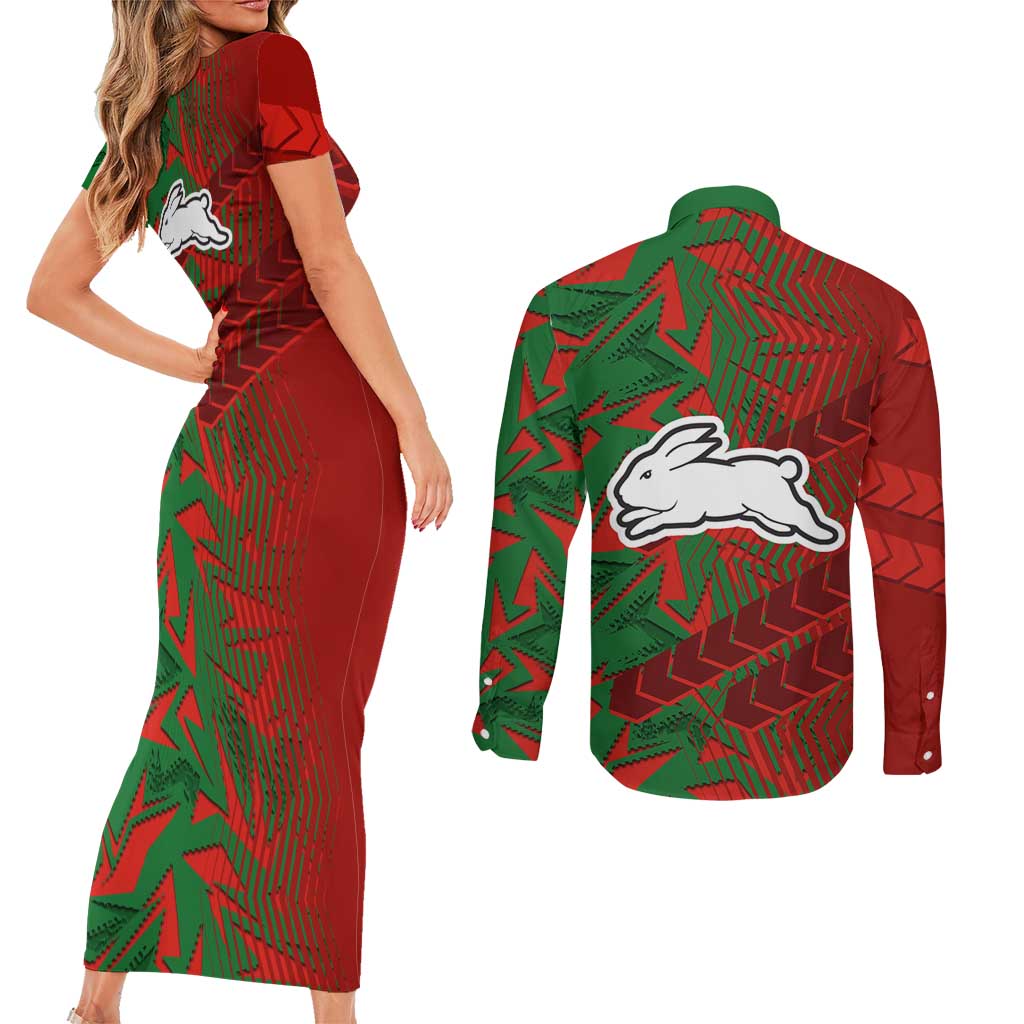 South Sydney Rabbitohs Rugby Couples Matching Short Sleeve Bodycon Dress and Long Sleeve Button Shirt Fierce Mascot Geometric Tribal Art