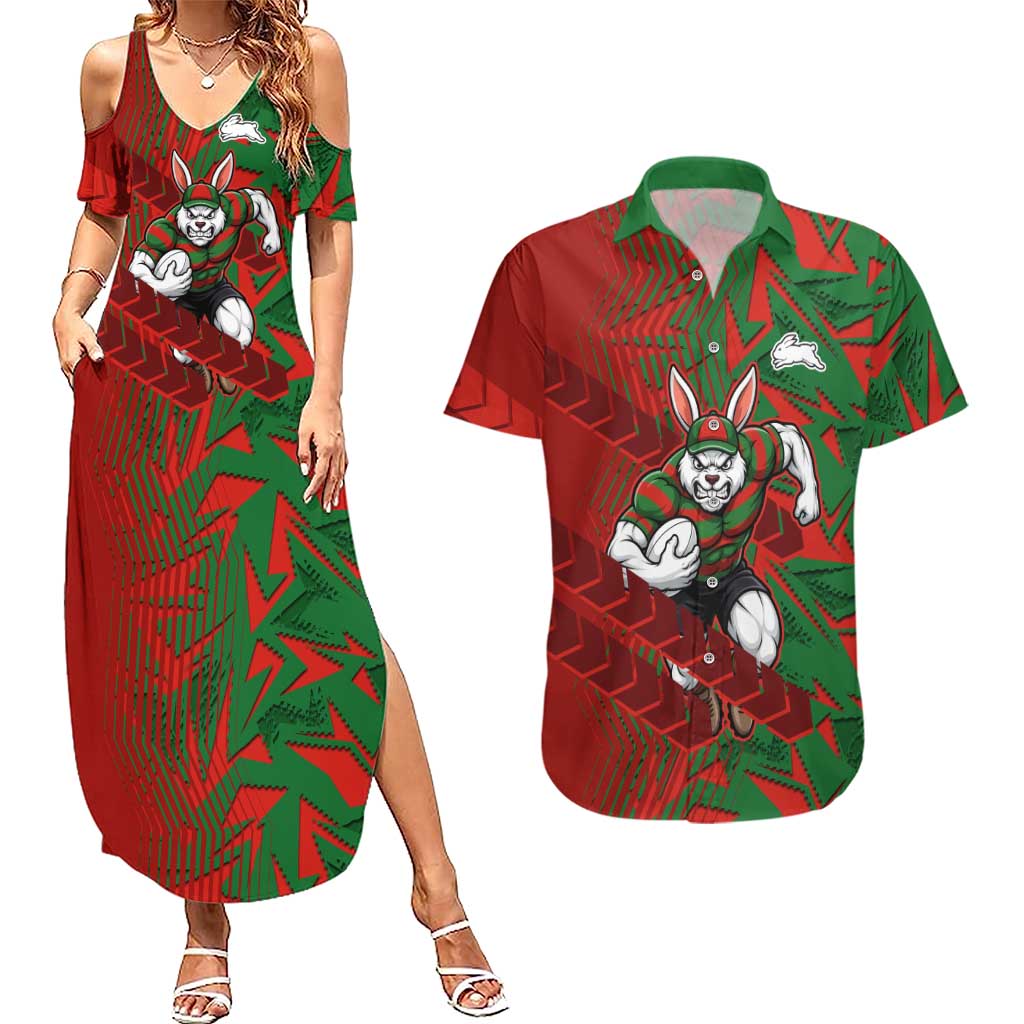 South Sydney Rabbitohs Rugby Couples Matching Summer Maxi Dress and Hawaiian Shirt Fierce Mascot Geometric Tribal Art