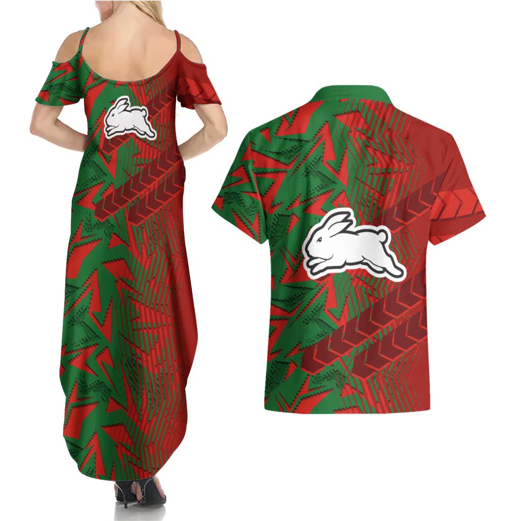 South Sydney Rabbitohs Rugby Couples Matching Summer Maxi Dress and Hawaiian Shirt Fierce Mascot Geometric Tribal Art