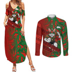 South Sydney Rabbitohs Rugby Couples Matching Summer Maxi Dress and Long Sleeve Button Shirt Fierce Mascot Geometric Tribal Art