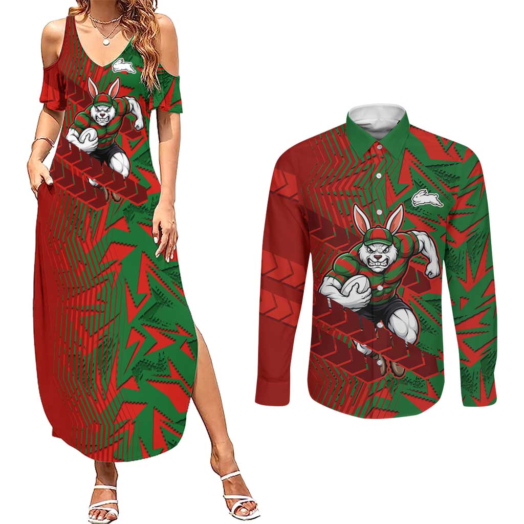South Sydney Rabbitohs Rugby Couples Matching Summer Maxi Dress and Long Sleeve Button Shirt Fierce Mascot Geometric Tribal Art