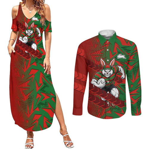 South Sydney Rabbitohs Rugby Couples Matching Summer Maxi Dress and Long Sleeve Button Shirt Fierce Mascot Geometric Tribal Art