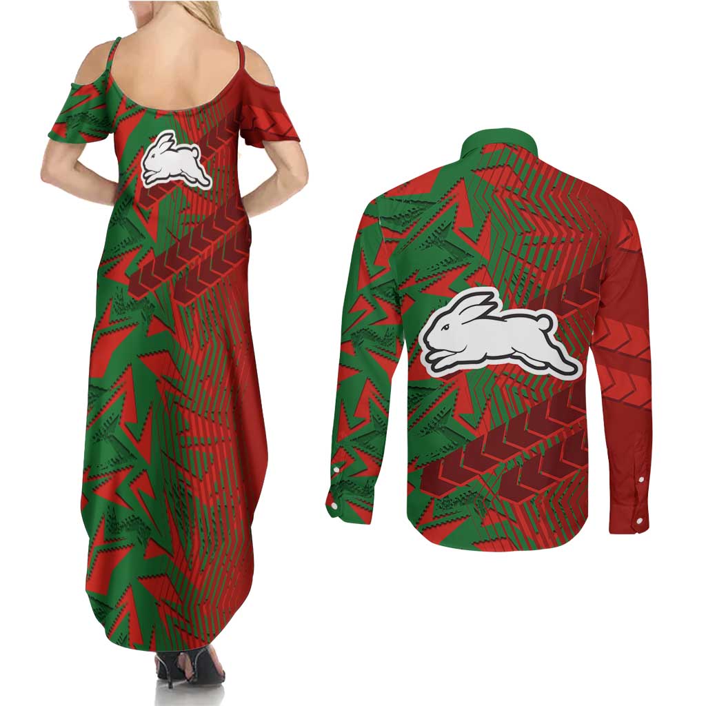 South Sydney Rabbitohs Rugby Couples Matching Summer Maxi Dress and Long Sleeve Button Shirt Fierce Mascot Geometric Tribal Art