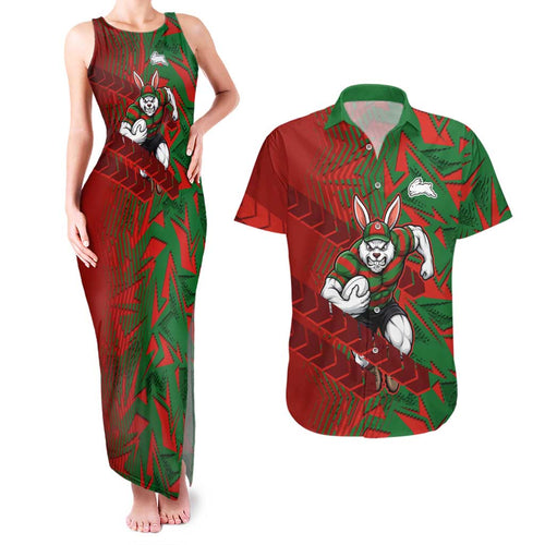 South Sydney Rabbitohs Rugby Couples Matching Tank Maxi Dress and Hawaiian Shirt Fierce Mascot Geometric Tribal Art