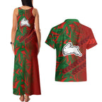 South Sydney Rabbitohs Rugby Couples Matching Tank Maxi Dress and Hawaiian Shirt Fierce Mascot Geometric Tribal Art