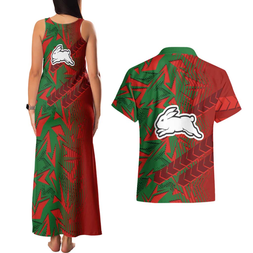 South Sydney Rabbitohs Rugby Couples Matching Tank Maxi Dress and Hawaiian Shirt Fierce Mascot Geometric Tribal Art