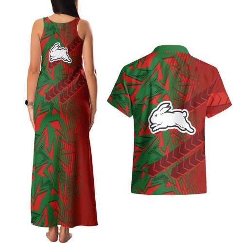 South Sydney Rabbitohs Rugby Couples Matching Tank Maxi Dress and Hawaiian Shirt Fierce Mascot Geometric Tribal Art