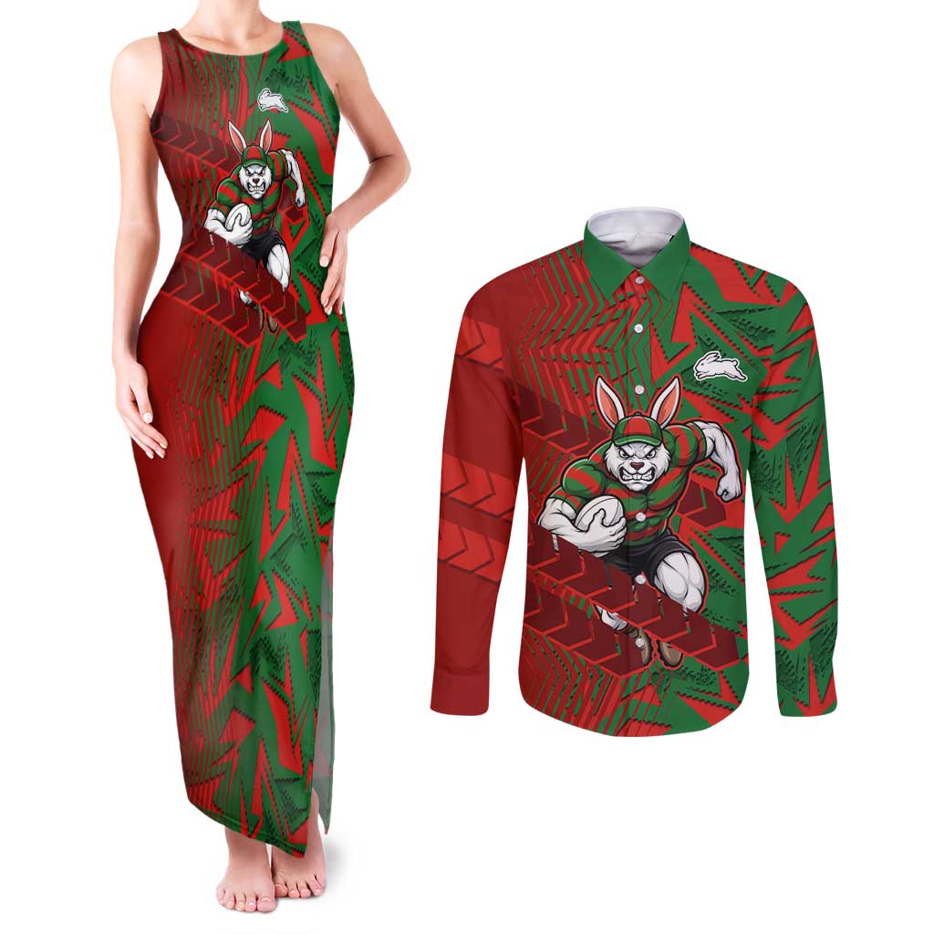South Sydney Rabbitohs Rugby Couples Matching Tank Maxi Dress and Long Sleeve Button Shirt Fierce Mascot Geometric Tribal Art