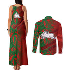 South Sydney Rabbitohs Rugby Couples Matching Tank Maxi Dress and Long Sleeve Button Shirt Fierce Mascot Geometric Tribal Art