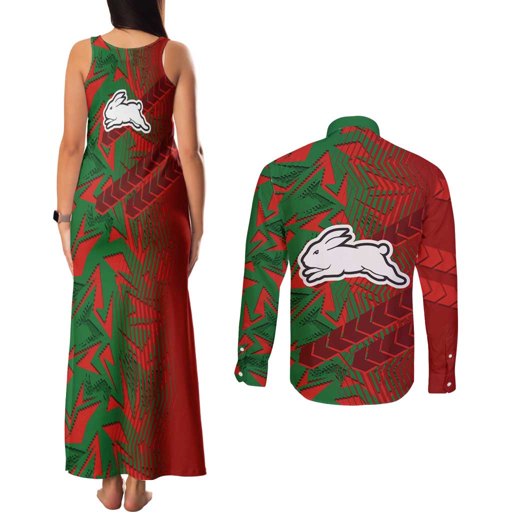 South Sydney Rabbitohs Rugby Couples Matching Tank Maxi Dress and Long Sleeve Button Shirt Fierce Mascot Geometric Tribal Art