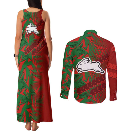 South Sydney Rabbitohs Rugby Couples Matching Tank Maxi Dress and Long Sleeve Button Shirt Fierce Mascot Geometric Tribal Art