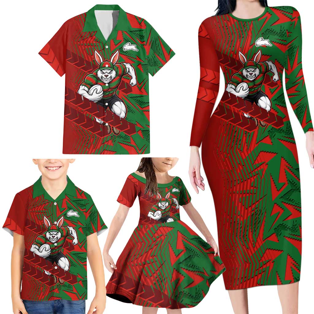 South Sydney Rabbitohs Rugby Family Matching Long Sleeve Bodycon Dress and Hawaiian Shirt Fierce Mascot Geometric Tribal Art