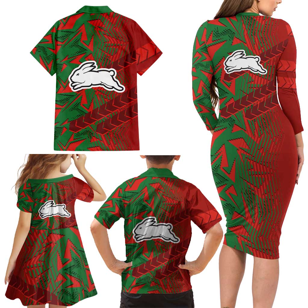 South Sydney Rabbitohs Rugby Family Matching Long Sleeve Bodycon Dress and Hawaiian Shirt Fierce Mascot Geometric Tribal Art