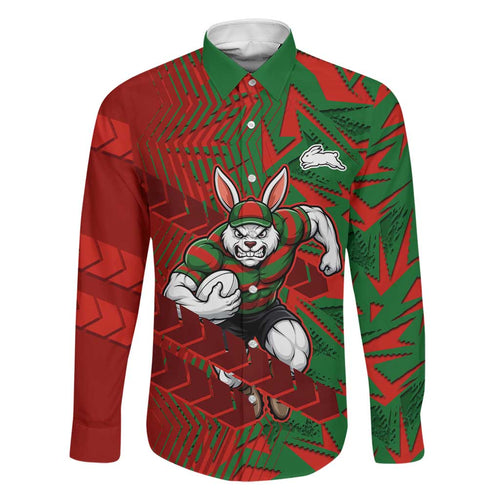South Sydney Rabbitohs Rugby Family Matching Long Sleeve Bodycon Dress and Hawaiian Shirt Fierce Mascot Geometric Tribal Art