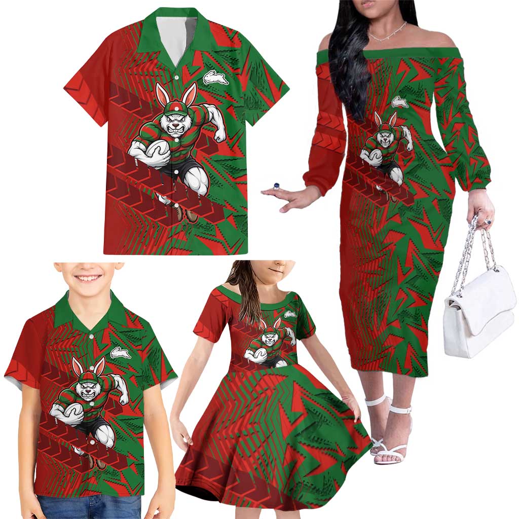 South Sydney Rabbitohs Rugby Family Matching Off The Shoulder Long Sleeve Dress and Hawaiian Shirt Fierce Mascot Geometric Tribal Art