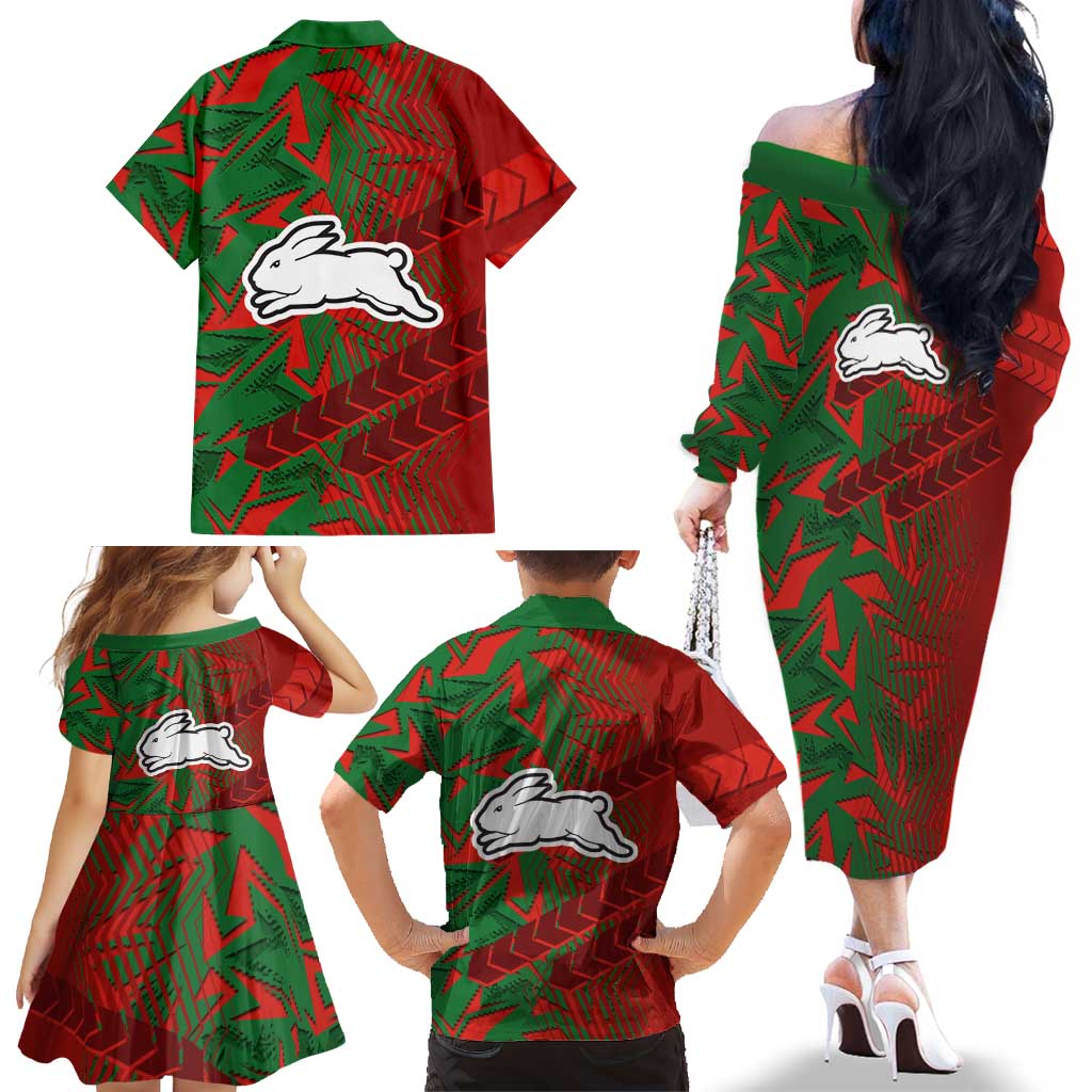 South Sydney Rabbitohs Rugby Family Matching Off The Shoulder Long Sleeve Dress and Hawaiian Shirt Fierce Mascot Geometric Tribal Art
