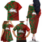 South Sydney Rabbitohs Rugby Family Matching Off The Shoulder Long Sleeve Dress and Hawaiian Shirt Fierce Mascot Geometric Tribal Art