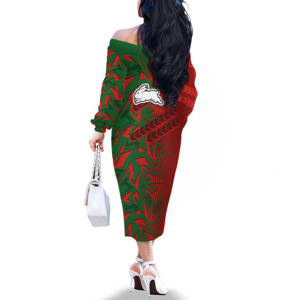 South Sydney Rabbitohs Rugby Family Matching Off The Shoulder Long Sleeve Dress and Hawaiian Shirt Fierce Mascot Geometric Tribal Art