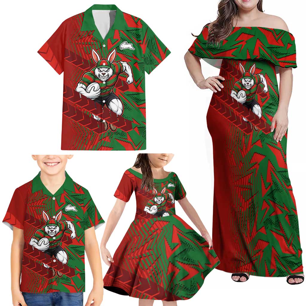 South Sydney Rabbitohs Rugby Family Matching Off Shoulder Maxi Dress and Hawaiian Shirt Fierce Mascot Geometric Tribal Art