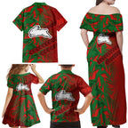 South Sydney Rabbitohs Rugby Family Matching Off Shoulder Maxi Dress and Hawaiian Shirt Fierce Mascot Geometric Tribal Art