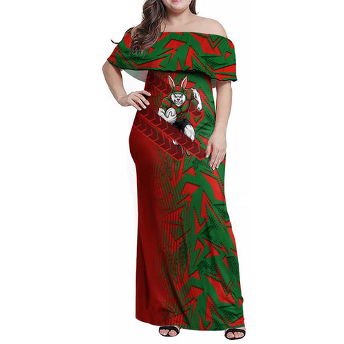 South Sydney Rabbitohs Rugby Family Matching Off Shoulder Maxi Dress and Hawaiian Shirt Fierce Mascot Geometric Tribal Art