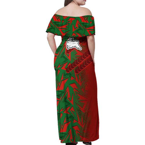 South Sydney Rabbitohs Rugby Family Matching Off Shoulder Maxi Dress and Hawaiian Shirt Fierce Mascot Geometric Tribal Art