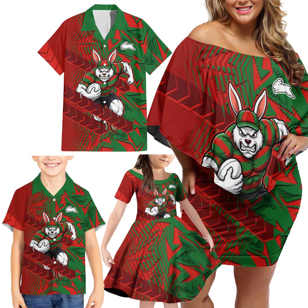 South Sydney Rabbitohs Rugby Family Matching Off Shoulder Short Dress and Hawaiian Shirt Fierce Mascot Geometric Tribal Art