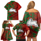 South Sydney Rabbitohs Rugby Family Matching Off Shoulder Short Dress and Hawaiian Shirt Fierce Mascot Geometric Tribal Art
