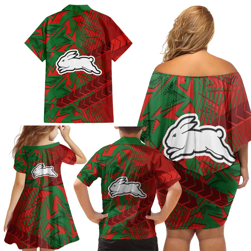 South Sydney Rabbitohs Rugby Family Matching Off Shoulder Short Dress and Hawaiian Shirt Fierce Mascot Geometric Tribal Art