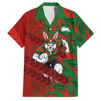 South Sydney Rabbitohs Rugby Family Matching Off Shoulder Short Dress and Hawaiian Shirt Fierce Mascot Geometric Tribal Art