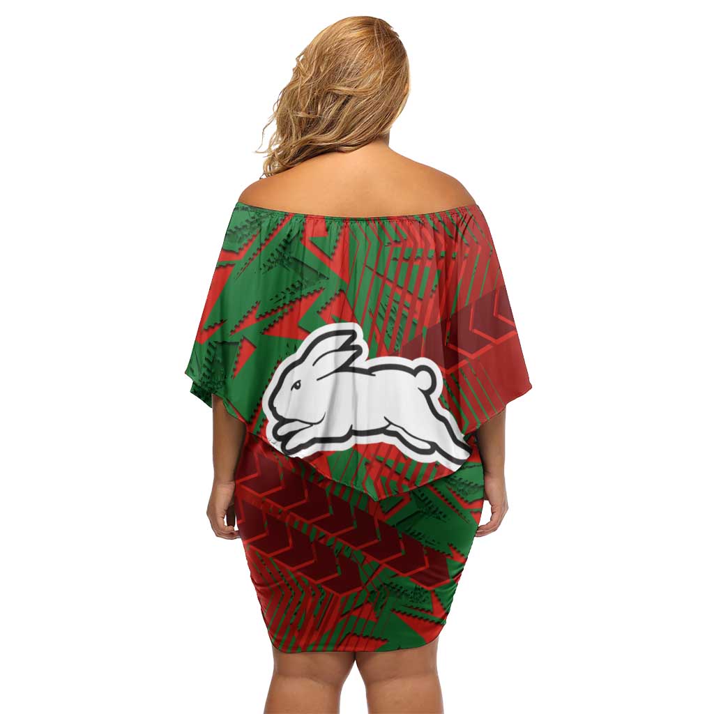 South Sydney Rabbitohs Rugby Family Matching Off Shoulder Short Dress and Hawaiian Shirt Fierce Mascot Geometric Tribal Art