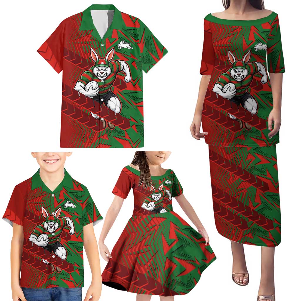 South Sydney Rabbitohs Rugby Family Matching Puletasi and Hawaiian Shirt Fierce Mascot Geometric Tribal Art