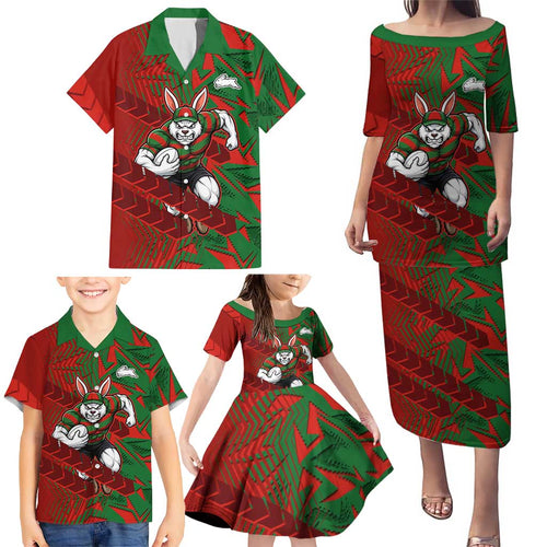 South Sydney Rabbitohs Rugby Family Matching Puletasi and Hawaiian Shirt Fierce Mascot Geometric Tribal Art