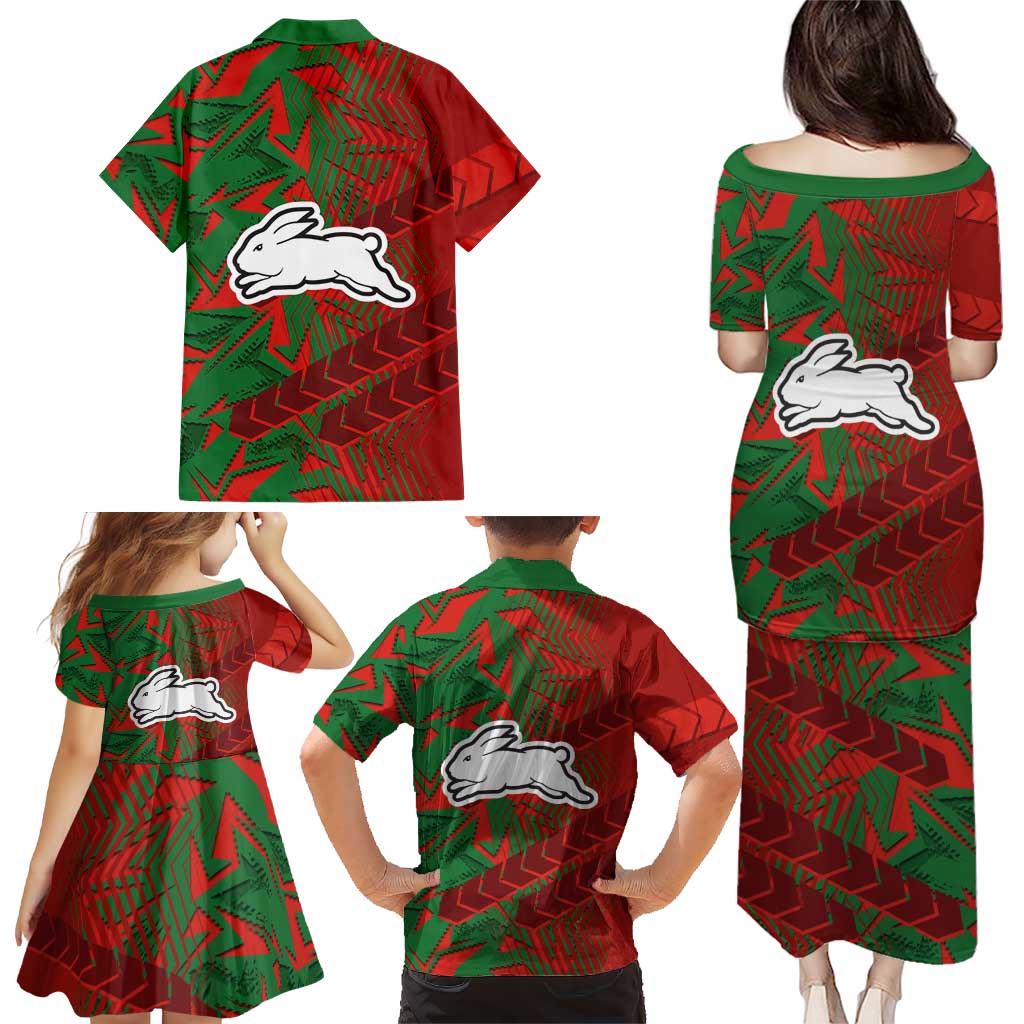 South Sydney Rabbitohs Rugby Family Matching Puletasi and Hawaiian Shirt Fierce Mascot Geometric Tribal Art