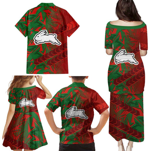South Sydney Rabbitohs Rugby Family Matching Puletasi and Hawaiian Shirt Fierce Mascot Geometric Tribal Art