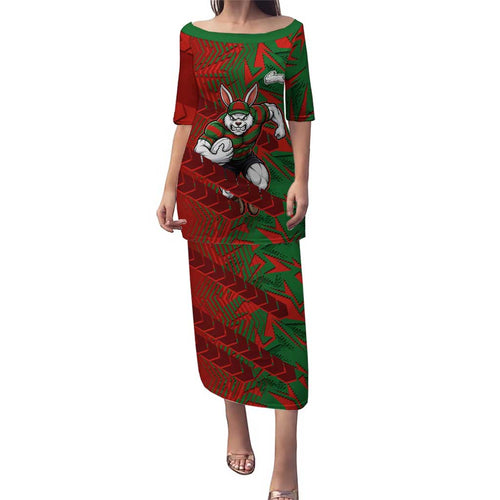 South Sydney Rabbitohs Rugby Family Matching Puletasi and Hawaiian Shirt Fierce Mascot Geometric Tribal Art
