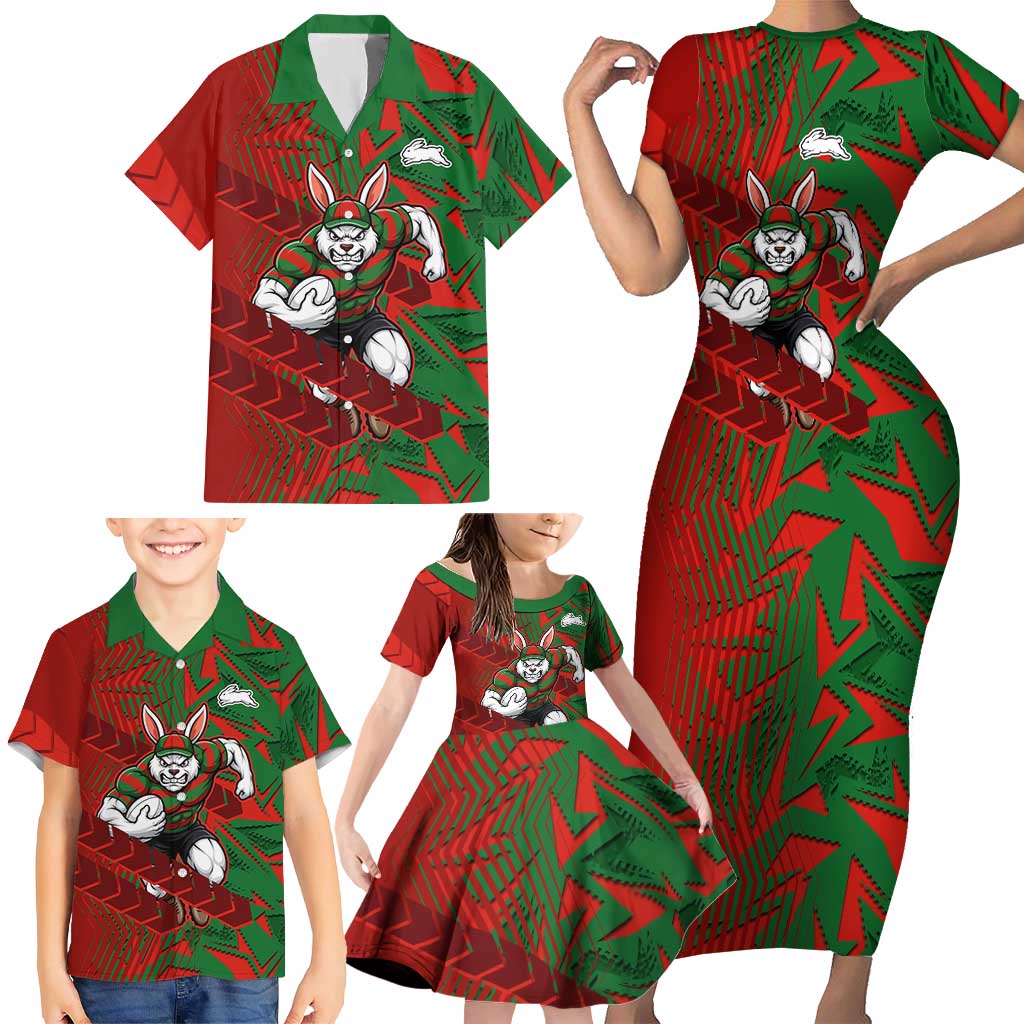 South Sydney Rabbitohs Rugby Family Matching Short Sleeve Bodycon Dress and Hawaiian Shirt Fierce Mascot Geometric Tribal Art